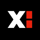 White 'X' and red colon on black background.